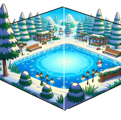 Simple Outdoor empty frozen icy lake, Christmas decorated. Camera standing at the middle of the lake looking towards shore. Cartoon. Middle of rink view. Snowmen and threes on the edge of area Single Game Texture. In-Game asset. 2d. Blank background. High contrast. No shadows.