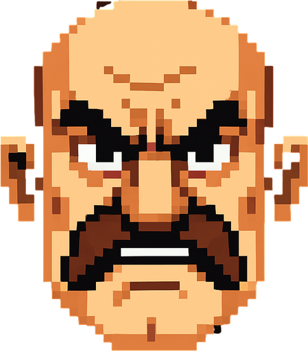boss bald moustache angry head pixel art 2d..
In-Game asset.  2d.  High contrast.  No shadows