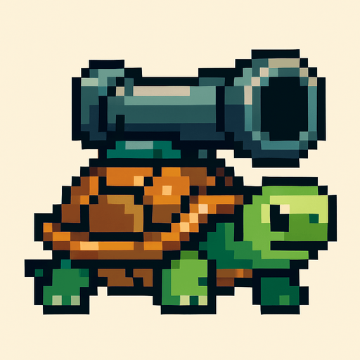 a turtle with a canon on her shell, pixelart.
In-Game asset.  2d.  High contrast.  No shadows