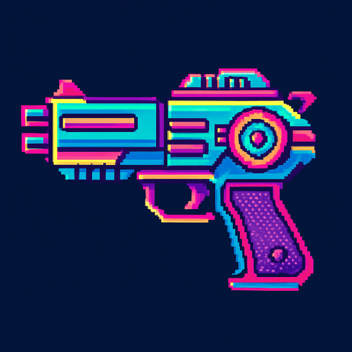 Pistola futurista, retro, neon, pixelart.
In-Game asset.  2d.  High contrast.  No shadows