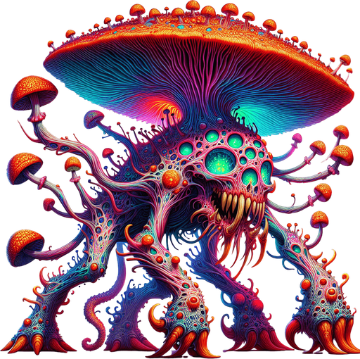 Emerging from the shadows of a twisted, nightmarish landscape, the Psychedelic Nightmare Mushroom Monster is a creature of both mesmerizing beauty and utter terror. Its grotesque form is a tangled amalgamation of flesh and fungi, with its body covered in pulsating, bioluminescent mushrooms that emit an eerie, shifting spectrum of psychedelic colors.

Its head is a nightmarish, oversized mushroom cap, with gnarled, root-like tendrils hanging down, twitching like sentient vines. Hollow, glowing eyes peer out from beneath the cap, radiating an unsettling, otherworldly light that pierces the darkness. A wide, malicious grin stretches across its face, revealing rows of jagged, yellowed teeth that seem to drip with toxic spores.

The creature's limbs are elongated and sinewy, ending in twisted, claw-like fingers that dig into the ground with each step. Its movements are erratic, a haunting dance of jerks and spasms, as if it is being controlled by some unseen force. As it prowls through the.
Single Game Texture. In-Game asset. 2d. Blank background. High contrast. No shadows.
