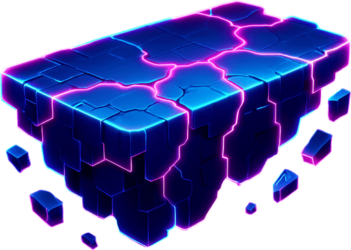 Neon cyberpunk glowing hologram flat platforming cracked crumbling