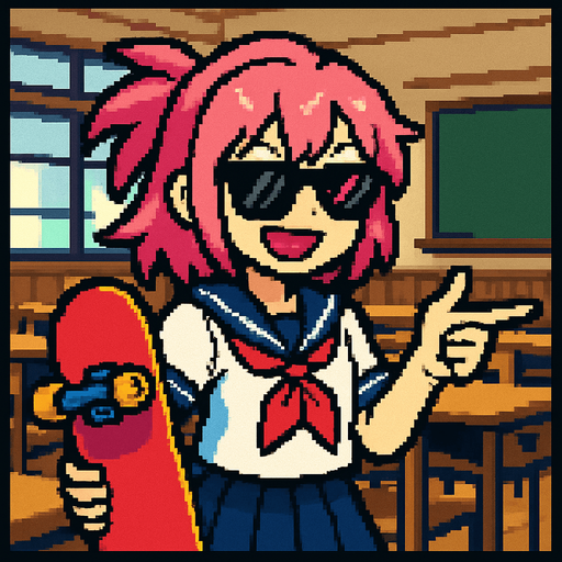 She’s a cute anime girl with a free-spirited and rebellious vibe. Her hair is pink, and she’s wearing a traditional Japanese school uniform (sailor fuku). She sports dark sunglasses and holds a skateboard in one hand while pointing with the other. Her face lights up with a big smile and mischievous pink eyes that match her hair. In the background, there's a Japanese classroom, and the entire artwork is done in Pixel Art style..
In-Game asset.  2d.  High contrast.  No shadows