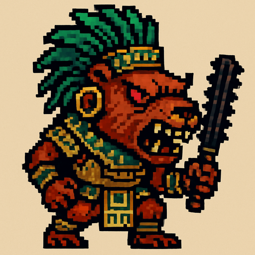 Genérame una Capibara guerrero azteca con eso patrones, estilo pixelar, con una apariencia maligna, ojos rojos, rabioso. Unidad cuerpo a cuerpo. Animal.
In-Game asset.  2d.  High contrast.  No shadows