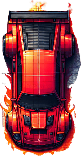 A red color 2D car from top view facing north and a little big.
Single Game Texture. In-Game asset. 2d. Blank background. High contrast. No shadows.