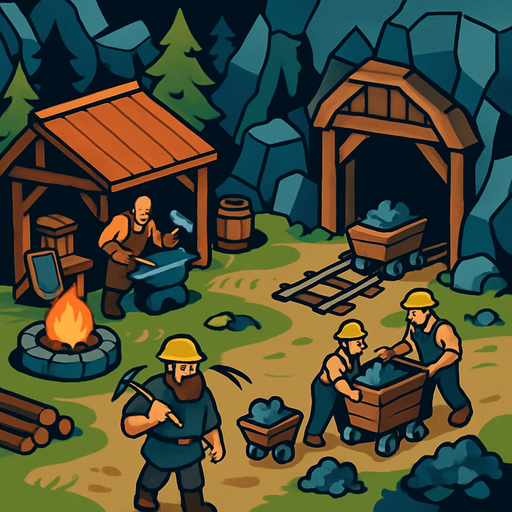 Demirci ve madencilerin olduğu uzaktan bakış bir kamp alanı oluştur..
In-Game asset.  2d.  High contrast.  No shadows