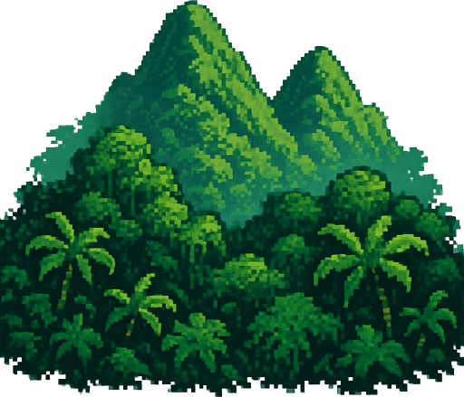 Generame una montañas de selva pixelar en fondo blanco, cercanas.
In-Game asset.  2d.  High contrast.  No shadows