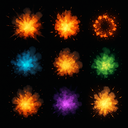 VFX pack of different explosions particles. Different colors. HD colors. ellipse. circle
In-Game asset.  3d.  High contrast.  No shadows