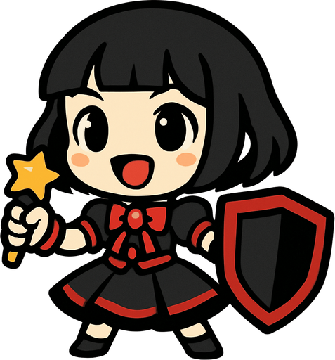 Esta chica tiene un diseño de estilo chibi anime, lo que le da un aspecto adorable y expresivo. Aquí va una descripción detallada:

🔸 Apariencia general:
Es una niña pequeña de proporciones caricaturescas, con cabeza grande y cuerpo diminuto, típica del estilo chibi.

🔸 Cabello:
Cabello negro, corto, llega hasta sus hombros. Estilo honguito.

🔸 Ropa:
Viste un traje colorido similar al de una idol japonesa:

Vestido negro con detalles rojos

Gema roja en el pecho

Falda con vuelo, color negro y una línea roja en el final de la falda

🔸 Accesorios:

Lleva un micrófono con forma de estrella en una mano, lo que sugiere que es una cantante o idol.

En la otra mano, sostiene un escudo de color negro con detalles rojos del tamaño de su cuerpo, lo cual le da un toque de una escudera alegre
🔸 Expresión:
Tiene una expresión alegre, decidida y enérgica, como si estuviera lista para una canción. Tiene la boca abierta de felicidad, simulando que canta feliz para sus fans.
In-Game asset.  2d.  High contrast.  No shadows