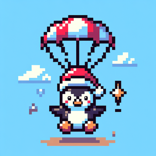cute angry parachuting penguin wearing a santa hat. pixelated. 8 bit..
Single Game Texture. In-Game asset. 2d. Blank background. High contrast. No shadows.