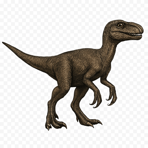 A realistic dinosaur dinosaur depicted in a neutral standing pose on a transparent background. It has a slender, agile body covered with textured brown and dark gray scales. The head is narrow with sharp teeth visible in a slightly open mouth and bright, alert eyes. Its limbs are muscular with sharp claws, and the tail is long and straight, providing balance. The skin texture shows fine scales and subtle muscle definition, emphasizing its role as an early, fast predator..
In-Game asset.  2d.  High contrast.  No shadows