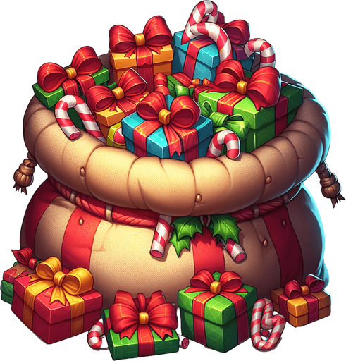 open top of Santa's sack. wrapped presents with ribbons and box, vivid colours, candy canes Single Game Texture. In-Game asset. 2d. Blank background. High contrast. No shadows.