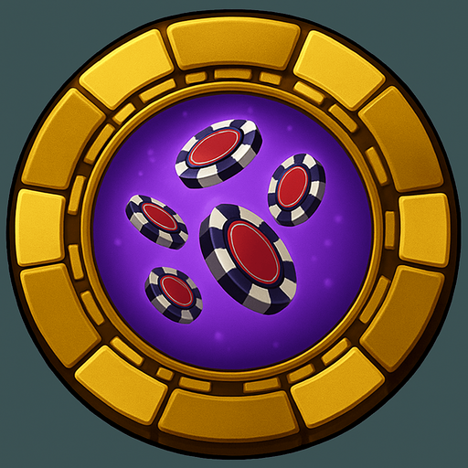 Change the image of the shield in the center to poker chips falling from the sky. Change the background color in the center to purple.