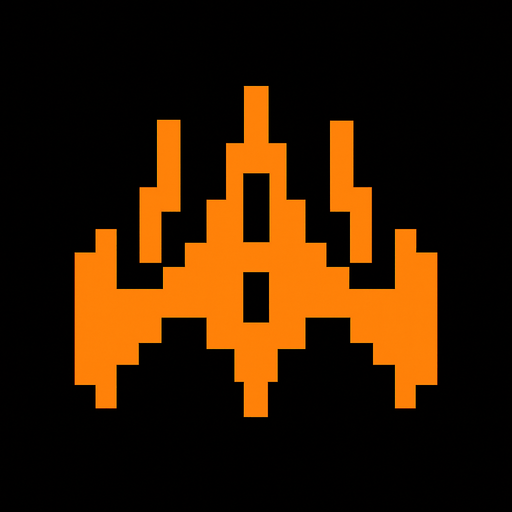 It's a spaceship made of orange pixels, reminiscent of arcade games..
In-Game asset.  2d.  High contrast.  No shadows
