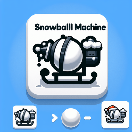 Icon for a Snowball machine on the back of santas sledge, cartoon, with the text „snowball machine“ on the top Single Game Texture. In-Game asset. 2d. Blank background. High contrast. No shadows.