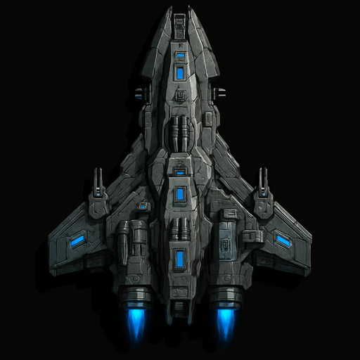 Uzay temalı Savaş Gemisi, gerçekçi, yazısız üstten görünüm. 
In-Game asset.  High contrast.  No shadows