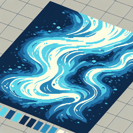 blue background representing a stylized flowing river seen directly from above. use various shades of light and dark pixels to represent the flowing currents of the river. keep the entire background minimalist and simplified. bird-eye perspective. pixelated. 8 bit.
Single Game Texture. In-Game asset. 2d. Blank background. High contrast. No shadows.