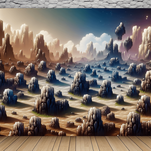 Stone islands of worlds imagination, background, mixed theme, stones_light stones_dark stones_brown stones, mountains..
Single Game Texture. In-Game asset. 2d. Blank background. High contrast. No shadows.