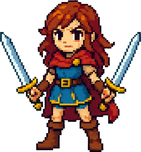swords girl hero, standing, pixel art, no backgroun.
In-Game asset.  2d.  High contrast.  No shadows