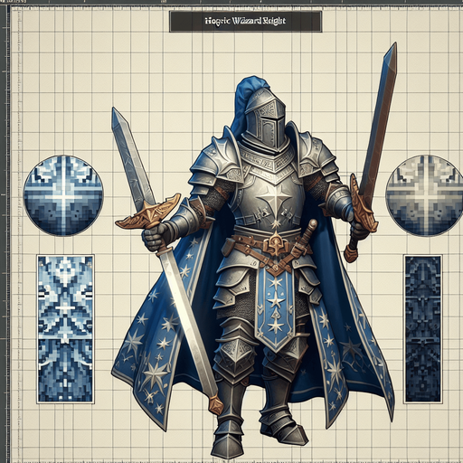 Heroic wizard knight wearing knight armor with a star pattern and wielding a sword..
Single Game Texture. In-Game asset. 2d. Blank background. High contrast. No shadows.