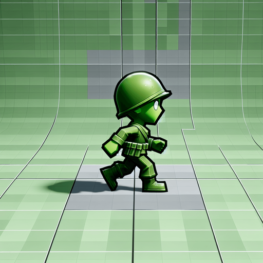 Profil view of a little green soldier toy, walking. no background . no floor. In-Game asset. 2d. Blank background. High contrast. No shadows.
