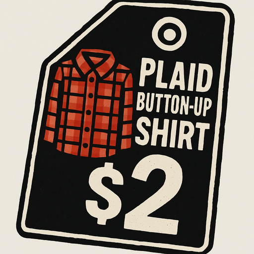 price tag that says plaid button up shirt $2.
In-Game asset.  2d.  High contrast.  No shadows