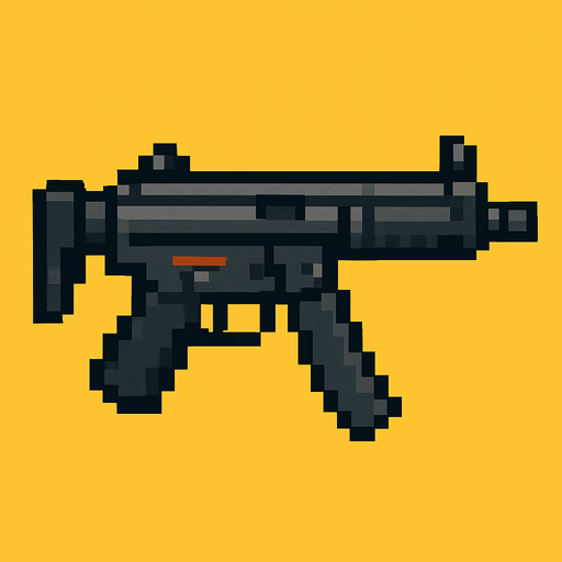 mp5 gun pixel.
In-Game asset.  2d.  High contrast.  No shadows