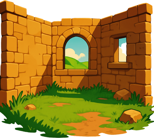 Create a beautiful place with grassy, earthy views, but it should not have a roof; it should have walls..
In-Game asset.  2d.  High contrast.  No shadows