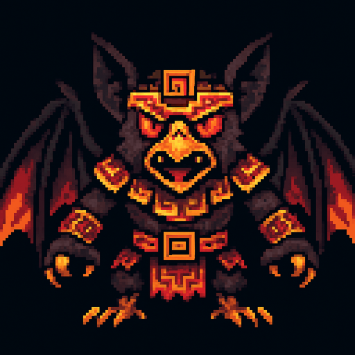 Genérame una Halcon Murcielago guerrero azteca con eso patrones, estilo pixelar, con una apariencia maligna, ojos rojos, rabioso. Unidad aerea con alas. Animal.
In-Game asset.  2d.  High contrast.  No shadows