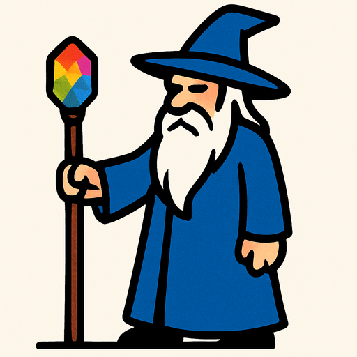 A wizard with a blue dress (like a coat) holding a stick touching the ground and a colored stone on the end of the stick, a wizard with a white beard and a hat on his head, and his whole body and right arm should not be visible from the frame (screen).
In-Game asset.  2d.  High contrast.  No shadows