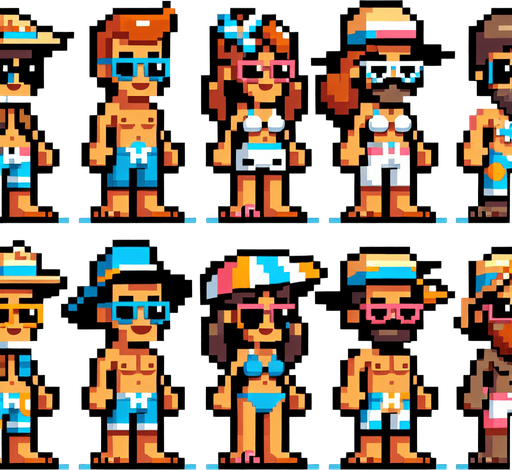 5 cartoon 8 bit beachy characters.
Single Game Texture. In-Game asset. 2d. Blank background. High contrast. No shadows.