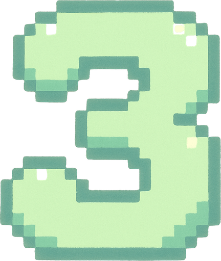A pixel art number "3" designed for a cozy, cute retro 2D game UI with a bird theme. The number is rendered in soft pastel light green tones to harmonize with the gentle and sweet aesthetic of the game. It has a clean, simple, and rounded pixel style with no harsh edges, fitting perfectly within the pixel art UI style. The number is bold and easily readable at small sizes..
In-Game asset.  2d.  High contrast.  No shadows. pixel art. retro. 2d ui. number. pastel light green. simple. rounded edges. bold. cute. minimal