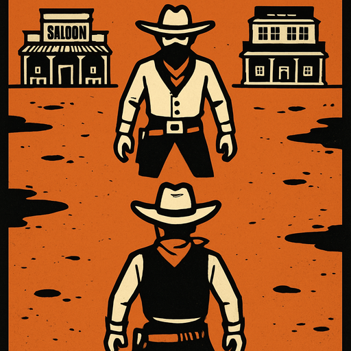 a western setting duel arena, place one cowboy at the top of the screen facing down and another cowboy at the bottom facing up.
In-Game asset.  2d.  High contrast.  No shadows