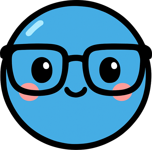 crea la imagen de una pelotita azul kawai con lentes y simple.
In-Game asset.  2d.  High contrast.  No shadows