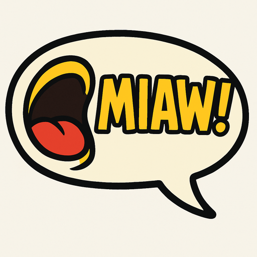 Simple cartoon speech bubble with big open mouth icon and uppercase lettering 'MIAW!'. Bubble tail on the right.
Single Game Texture.  In-Game asset.  2d.  Blank background.  High contrast.  No shadows