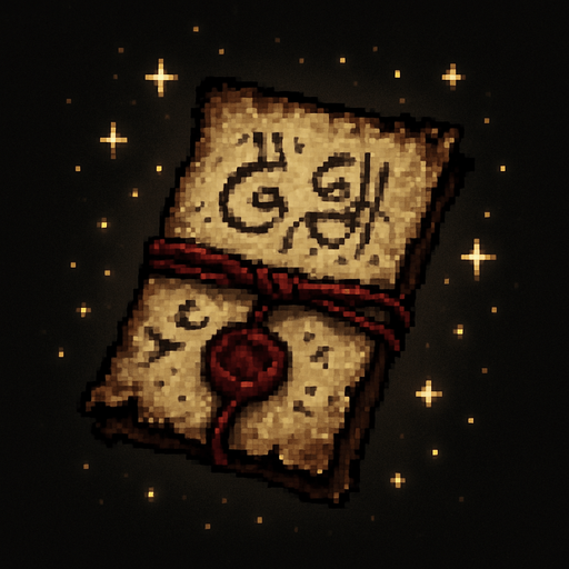 Create a pixel-art item asset of an ancient talisman inspired by Turkish folklore. It should appear as a folded parchment wrapped in an old red thread, with faint Ottoman-style calligraphy or mystical symbols visible. The talisman should have a glowing aura or faint sparkles to imply magical power. Optional details: slightly burned edges, aged paper texture, and traces of dried wax seal. The style should be mysterious, enchanted, and suitable for a 2D horror game. PNG format with transparent background, top-down or item-inventory view..
In-Game asset.  2d.  High contrast.  No shadows