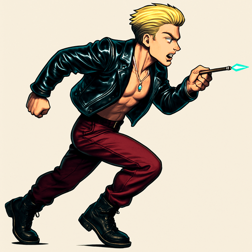 Cyberpunk manga, side profile view running animation frames, shiny black leather biker jacket longsleeves shirtless thin abs pecs necklaces gemstone tipped wand, action shot wand pointed straight in front arm extended wand casting spell fierce fashion pose animation blonde undercut pompadour, vampire fangs, wine red joggers, combat boots, Background removed, "Full-body character, entirely in frame, no cropping of face, head, or feet" "Complete character visible, from head to toe, fully centered in the image" "Entire character, including face and boots, fully within the frame" Character fully contained within a square frame, no edges cut off,
