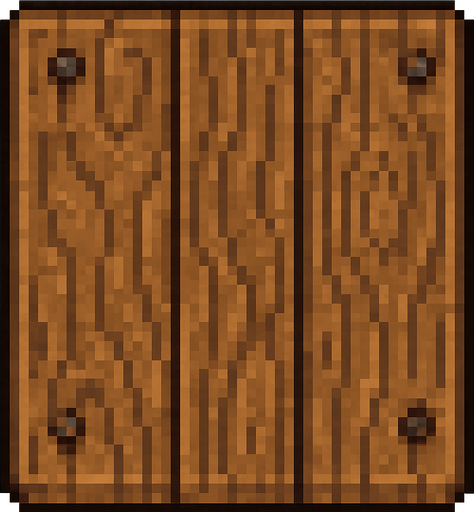 Vista cenital de una sola baldosa de puerta de madera, aislada, vista desde arriba, estilo pixel art 2D para videojuego, textura continua y repetible, sprite de 32x32. Sin manija, sin bisagras, sin marco, solo tablones de madera con clavos decorativos. Textura de vetas estilizadas. Arte estilo hecho a mano. Alto contraste, sin sombras. Sin fondo.