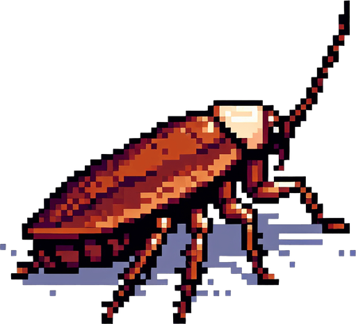 Genera una cucaracha de color marron que se vea solo de perfil mirando a la izquierda en pixel art.
Single Game Texture.  In-Game asset.  2d.  Blank background.  High contrast.  No shadows