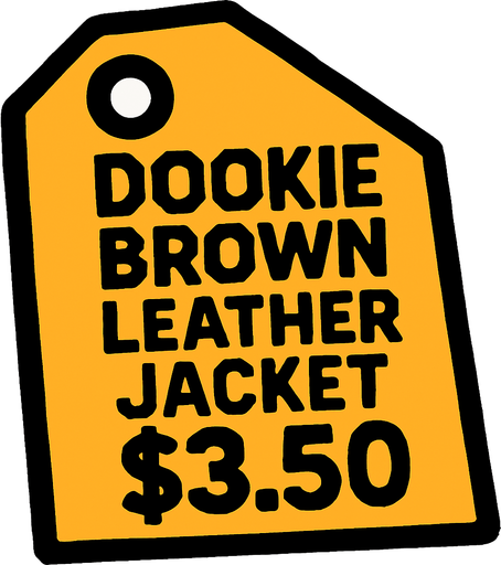 price tag that's says Dookie Brown Leather Jacket $3.50.
In-Game asset.  2d.  High contrast.  No shadows