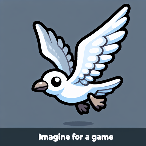 A cartoon-style seagull in mid-flight, white feathers with a light gray beak and wings slightly spread out. Expressions should be fun and mischievous.".
Single Game Texture.  In-Game asset.  2d.  Blank background.  High contrast.  No shadows