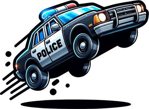 A cartoon flying police car.
Single Game Texture. In-Game asset. 2d. Blank background. High contrast. No shadows.