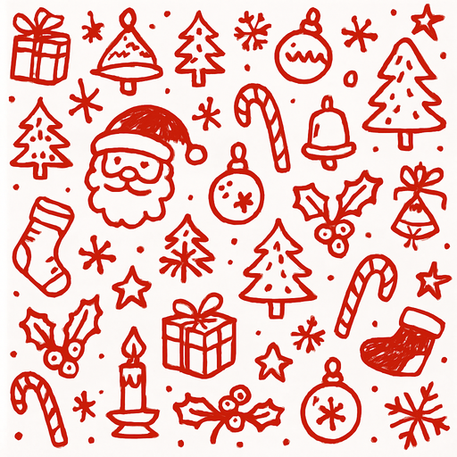 Red Christmas Doodle Seamless Pattern.
In-Game asset.  2d.  High contrast.  No shadows