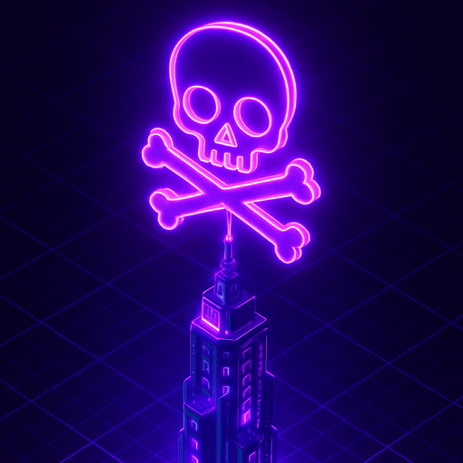 Top down isometric neon cyberpunk anime tower spire 3d hologram glowing purple hd large poison symbol projected overhead