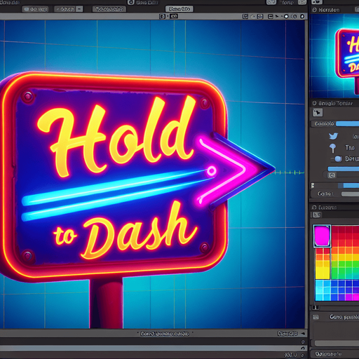 retro sign that says "Hold to Dash" in neon colors.
Single Game Texture. In-Game asset. 2d. Blank background. High contrast. No shadows.