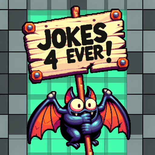 A bat holding a sign that says Jokes 4 Ever!.
Single Game Texture.  In-Game asset.  2d.  Blank background.  High contrast.  No shadows