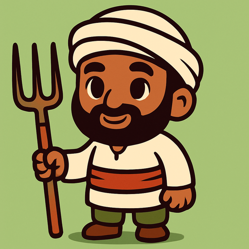 A cute middle eastern farmer character.
In-Game asset.  2d.  High contrast.  No shadows