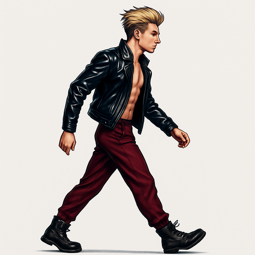 Same pose Swishy graceful man Cyberpunk manga, side profile view walking animation, shiny black leather biker jacket longsleeves shirtless Skinny abs blonde pompadour guy, wine red joggers combat boots, Background removed, "Full-body character, entirely in frame, no cropping of face, head, or feet" "Complete character visible, from head to toe, fully centered in the image" "Entire character, including face and boots, fully within the frame" Character fully contained within a square frame, no edges cut off fashion model idle pose walking animation