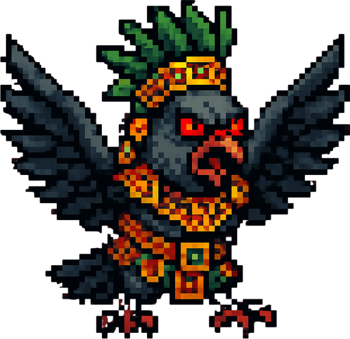 Genérame una paloma guerrero azteca con eso patrones, estilo pixelar, con una apariencia maligna, ojos rojos, rabioso. Unidad aerea con alas. Animal.
In-Game asset.  2d.  High contrast.  No shadows