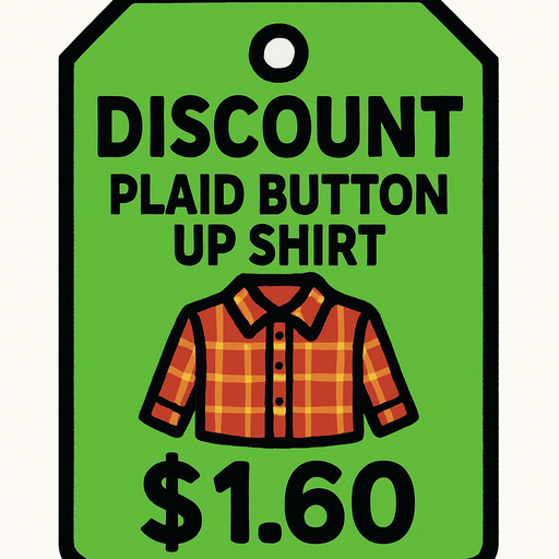 green price tag that says discount plaid button up shirt $1.60.
In-Game asset.  2d.  High contrast.  No shadows
